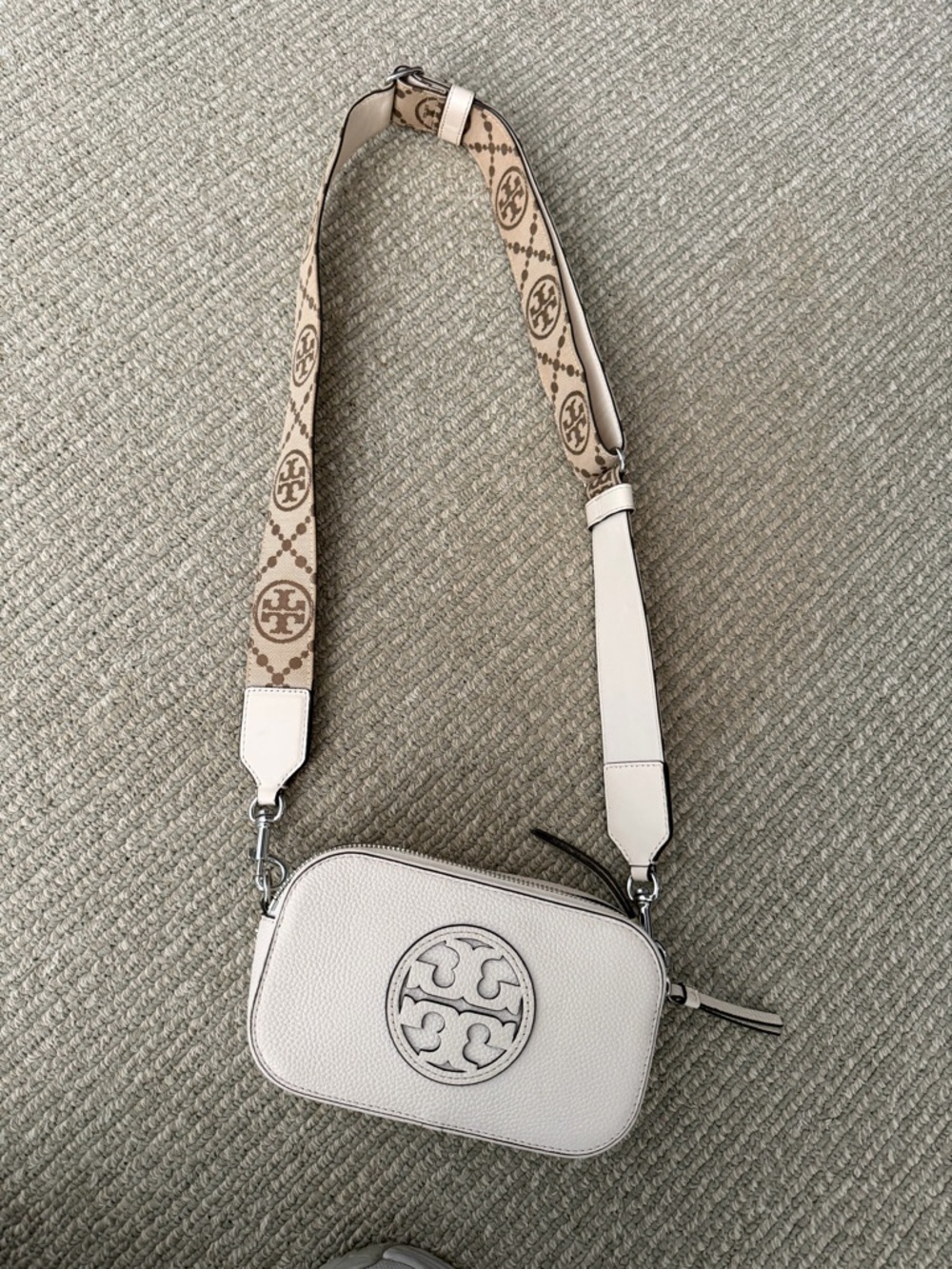 Tory Burch Cream Pebbled Leather Crossbody with Logo Strap